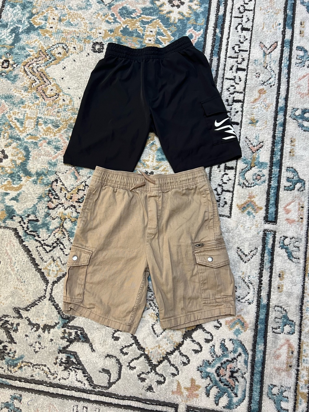 2 pair Kids Elastic Waist Cargo and pull Shorts in Black and Khaki